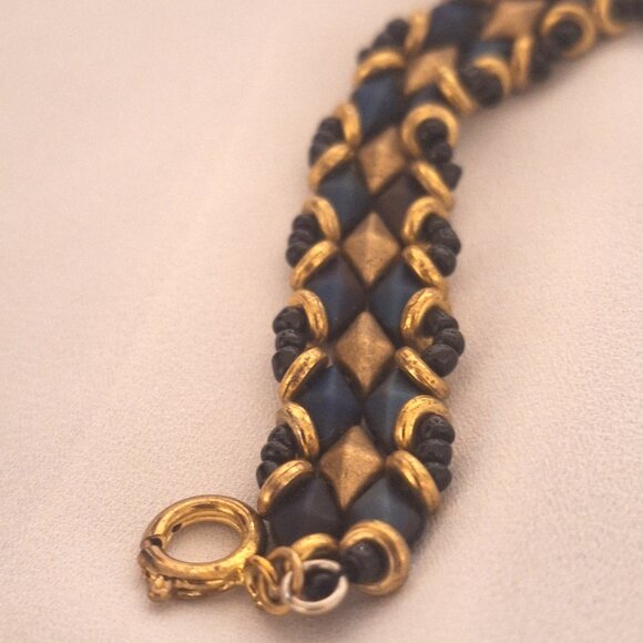 Artisan Beaded Black and Gold Metallic Diamond Dragon Scale Large Bracelet - Picture 2 of 5